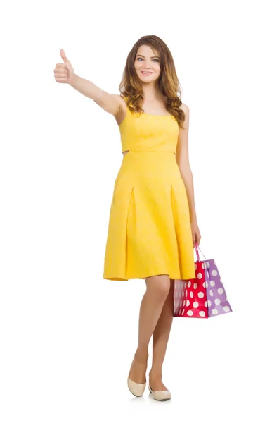 Woman after shopping spree on white — Stock Photo, Image