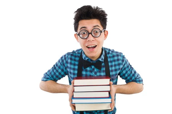 Αστείος μαθητής με στοίβα από βιβλία — Φωτογραφία Αρχείου