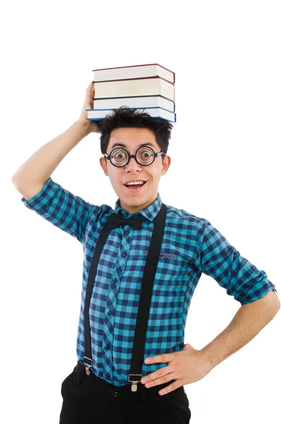 Studente divertente con pila di libri — Foto Stock