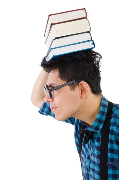 Vicces diák egy halom könyvvel. — Stock Fotó