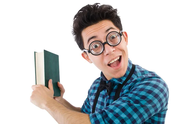 Rolig student med hög med böcker — Stockfoto