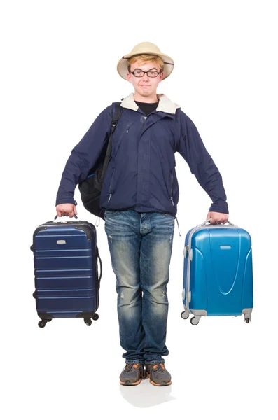 Homme drôle avec des bagages portant un chapeau safari — Photo