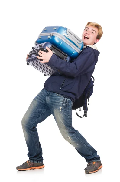 Смешной человек с багажом на белом — стоковое фото