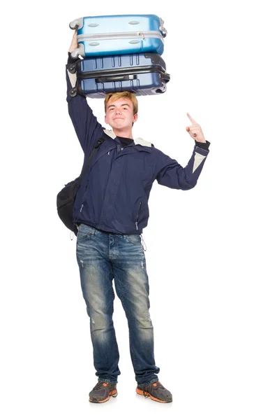 Funny man with luggage on white — Stock Photo, Image