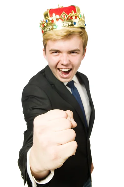 Funny businessman with crown and boxing gloves — Stock Photo, Image