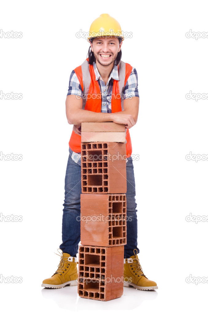 Builder with clay bricks isolated on white Stock Photo by ©Elnur_ 50860857