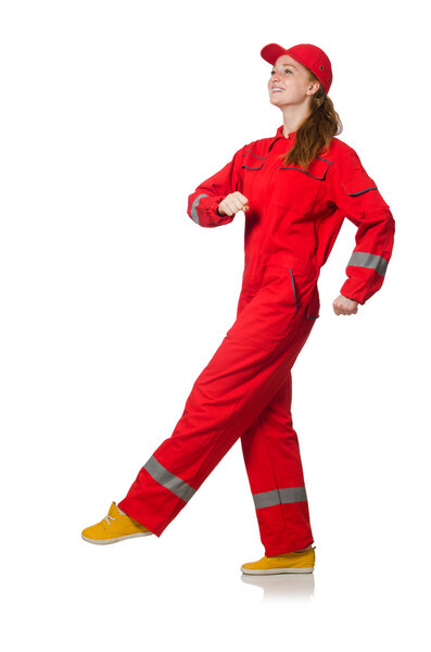 Женщина строитель изолирован на белом