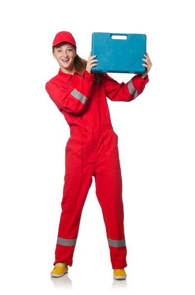 Woman construction worker in red coveralls on white — Stock Photo, Image