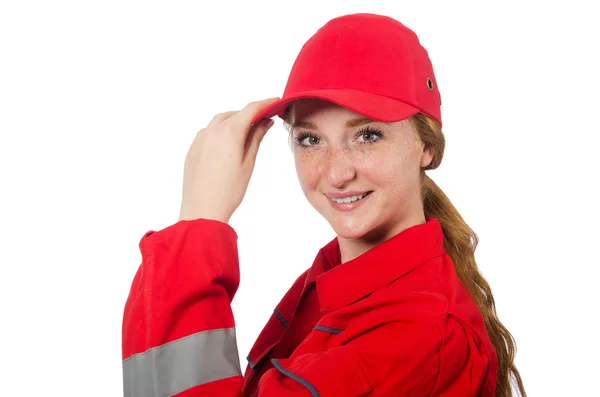 Woman builder isolated on the white — Stock Photo, Image