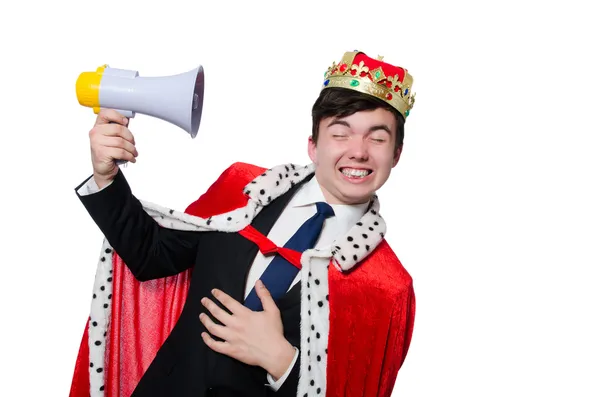 Homme avec couronne et mégaphone isolé sur blanc — Photo