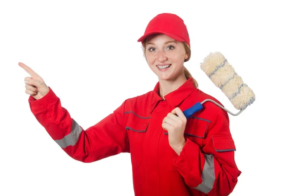 Woman painter in red coveralls isolated on the white — Stock Photo, Image