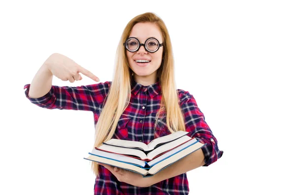 Grappige student met stapel boeken — Stockfoto