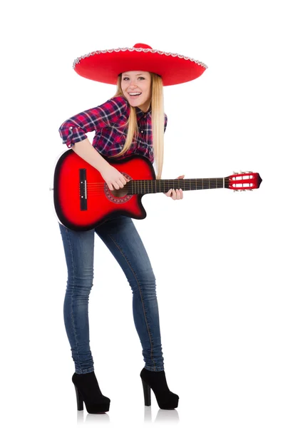 Chapeau femme en sombrero avec guitare — Photo