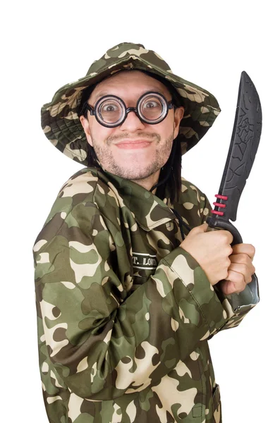 Funny soldado con cuchillo en blanco —  Fotos de Stock