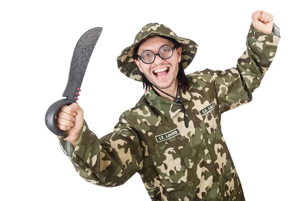 Funny soldier with knife on white — Stock Photo, Image