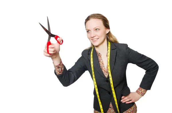 Vrouw kleermaker geïsoleerd op wit — Stockfoto