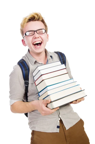 Αστείος μαθητής με στοίβα από βιβλία — Φωτογραφία Αρχείου