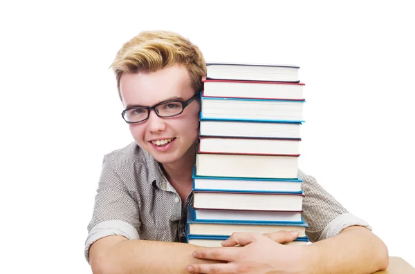 Studente divertente con pila di libri — Foto Stock