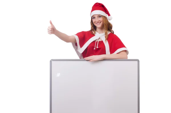 Jovem no traje vermelho do Papai Noel com placa em branco — Fotografia de Stock