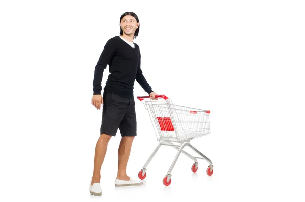 Homme shopping avec panier de supermarché panier isolé sur blanc — Photo