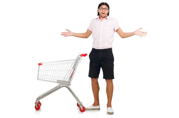 Homem de compras com carrinho de cesta de supermercado isolado em branco — Fotografia de Stock