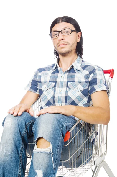 Man ψώνια με καλάθι σούπερ μάρκετ καλάθι απομονώνονται σε λευκό — Φωτογραφία Αρχείου