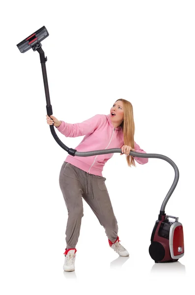 Young woman with vacuum cleaner on white — Stock Photo, Image