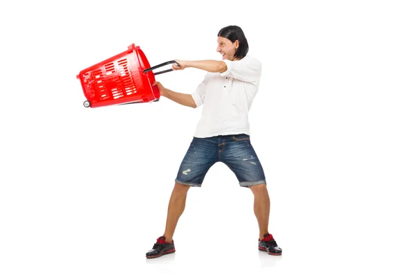 Homem de compras com carrinho de cesta de supermercado isolado em branco — Fotografia de Stock