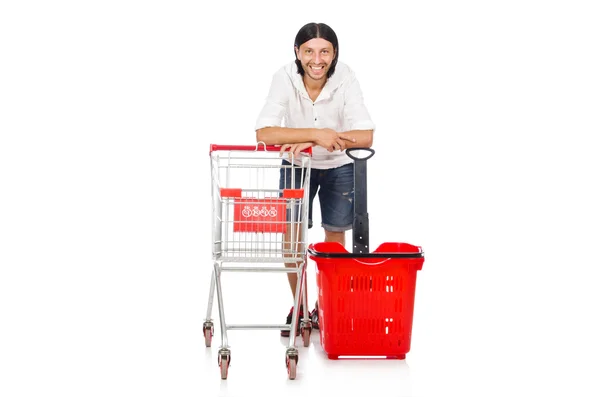 Hombre de compras con carrito cesta de supermercado aislado en blanco —  Fotos de Stock