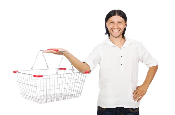 Man shopping med snabbköp korg vagn isolerad på vit — Stockfoto