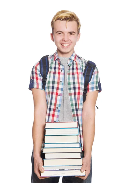 Estudiante divertido con pila de libros — Foto de Stock