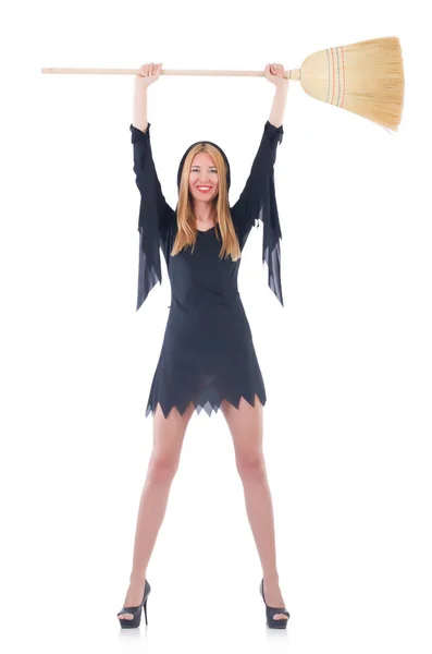 Woman with broom on white — Stock Photo, Image