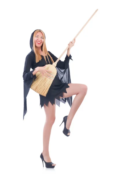 Woman with broom on white — Stock Photo, Image