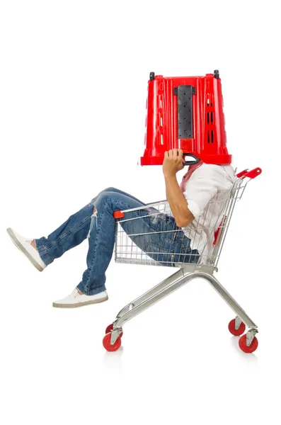 Man shopping with supermarket basket cart isolated on white Stock Picture