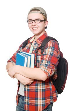 Bir yığın kitabı olan komik öğrenci.