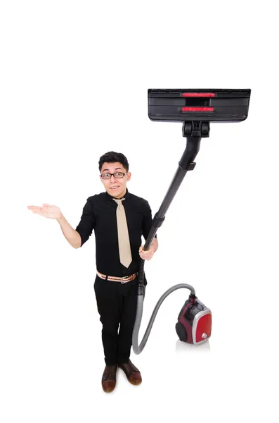 Man with vacuum cleaner isolated on white — Stock Photo, Image