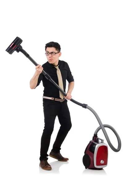 Man with vacuum cleaner isolated on white — Stock Photo, Image