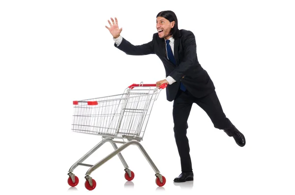 Homme shopping avec panier de supermarché panier isolé sur blanc — Photo