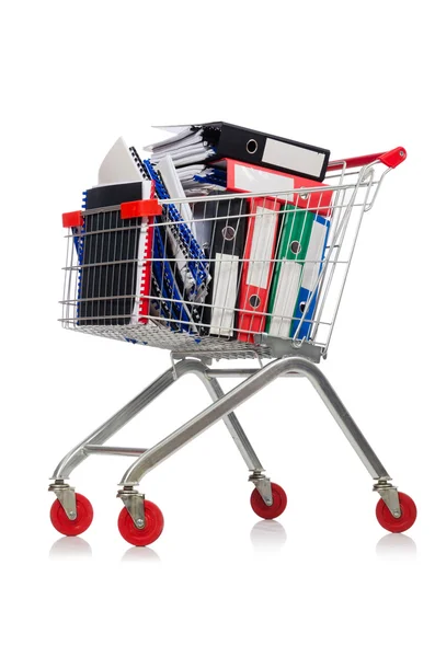 Carrinho de compras com cesta de supermercado — Fotografia de Stock