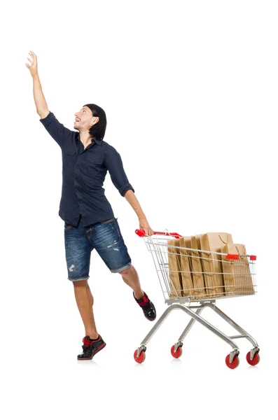 Homem de compras com carrinho de cesta de supermercado isolado em branco — Fotografia de Stock