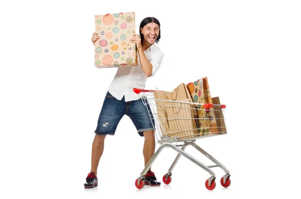 Homem de compras com carrinho de cesta de supermercado isolado em branco — Fotografia de Stock