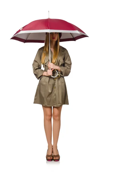 Femme avec parapluie isolé sur blanc — Photo