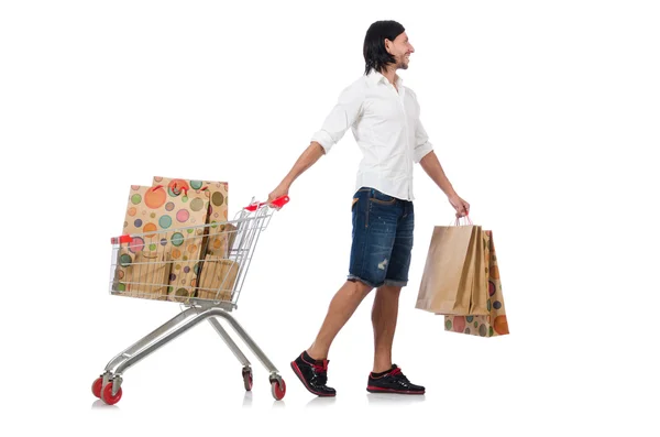 Homem de compras com carrinho de cesta de supermercado isolado em branco — Fotografia de Stock