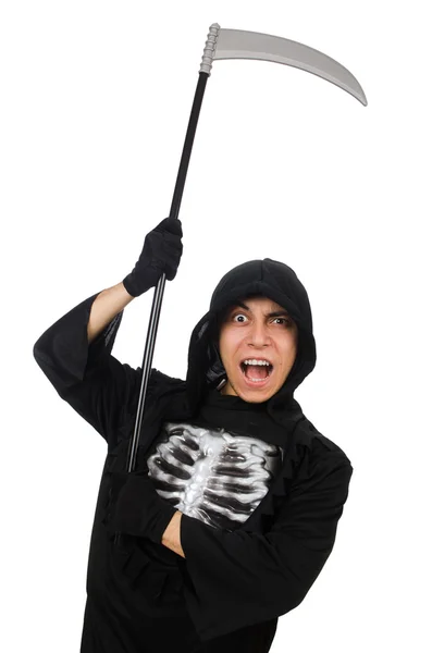 Scary monster with scythe isolated on white — Stock Photo, Image
