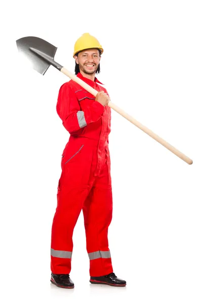 Man in red coveralls with spade — Stock Photo, Image