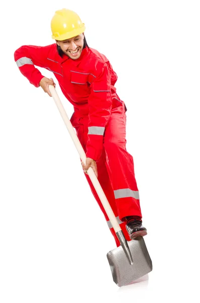 Man in red coveralls with spade — Stock Photo, Image