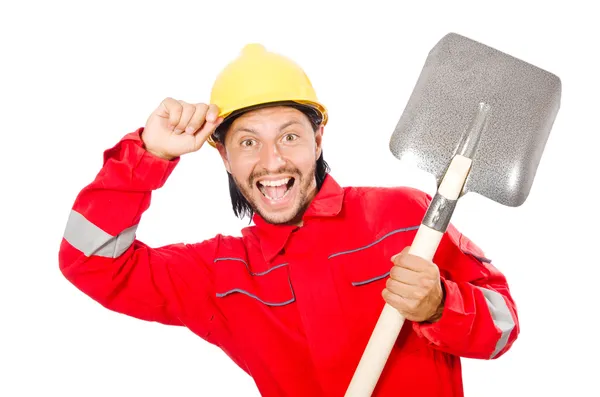 Man in red coveralls with spade — Stock Photo, Image