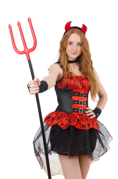 Woman devil with trident on white — Stock Photo, Image