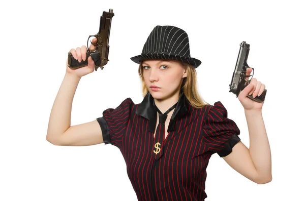 Junge Frau Gangster mit Waffe auf weiß — Stockfoto