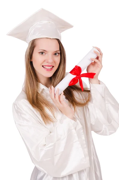 Graduada chica aislado en blanco — Foto de Stock